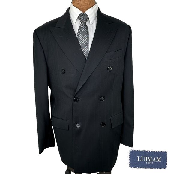 Lubiam 1911 Black Double Breasted Merino Wool Blazer Jacket Tessuto Zignone 44R - Picture 1 of 9